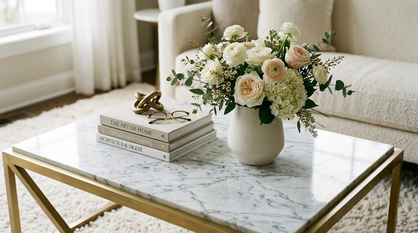 Try an organic arrangement for a softer look inspiration for a coffee table centerpiece.
